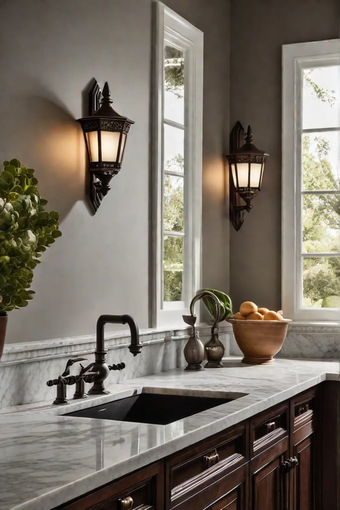Elegant kitchen with marble countertop and metal sconces