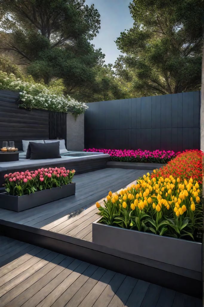 Farmhouse backyard with deck and landscaping