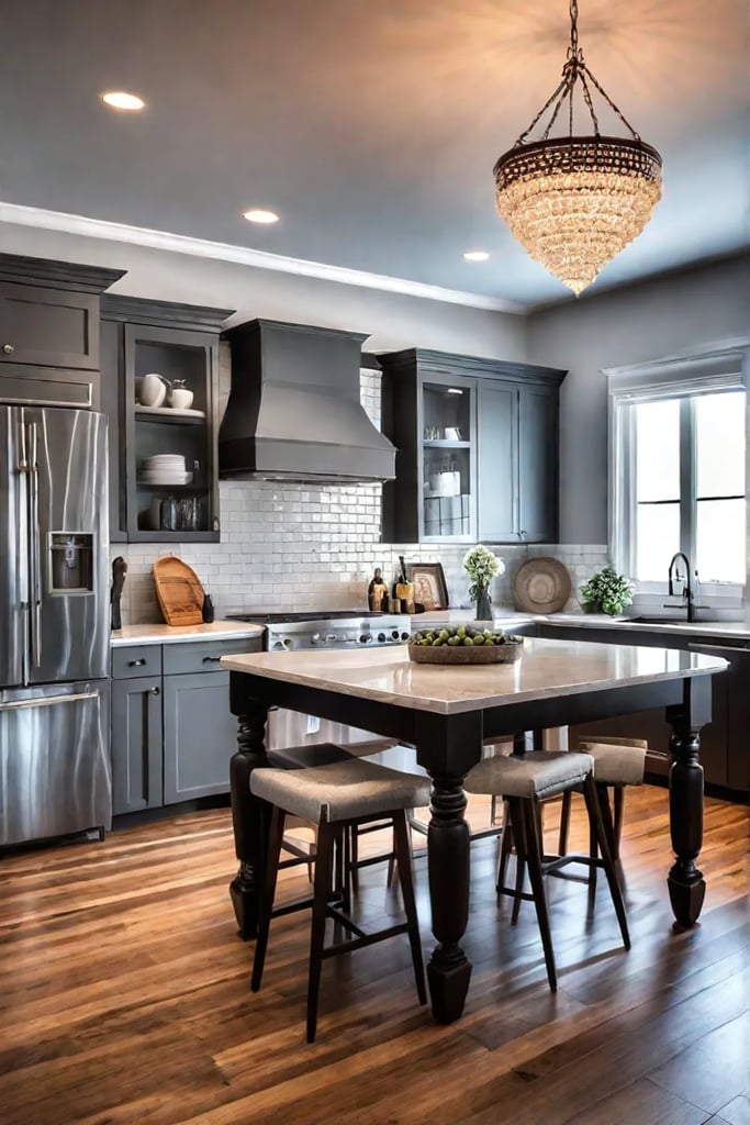 Farmhouse kitchen with consistent flooring and lighting