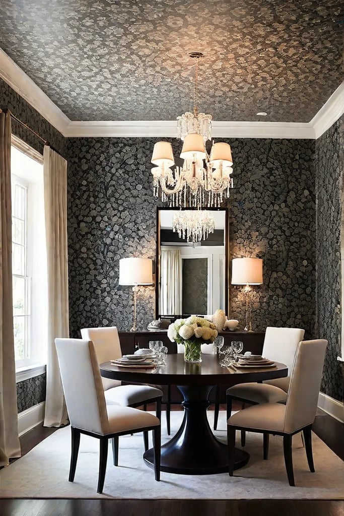 Floral wallpaper on vaulted ceiling