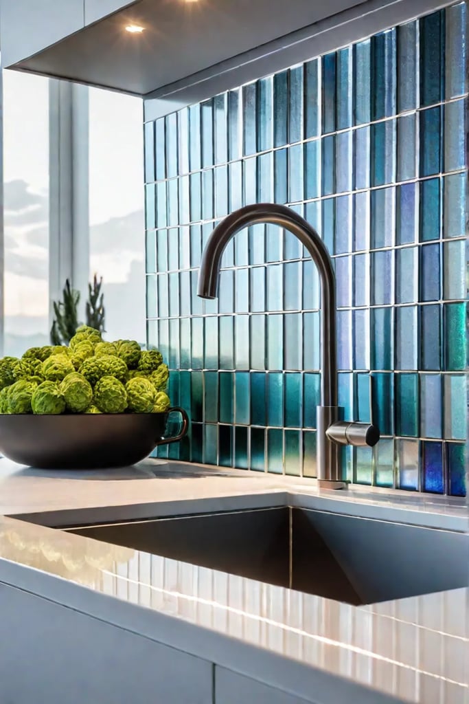 Glamorous kitchen with shimmering glass tiles