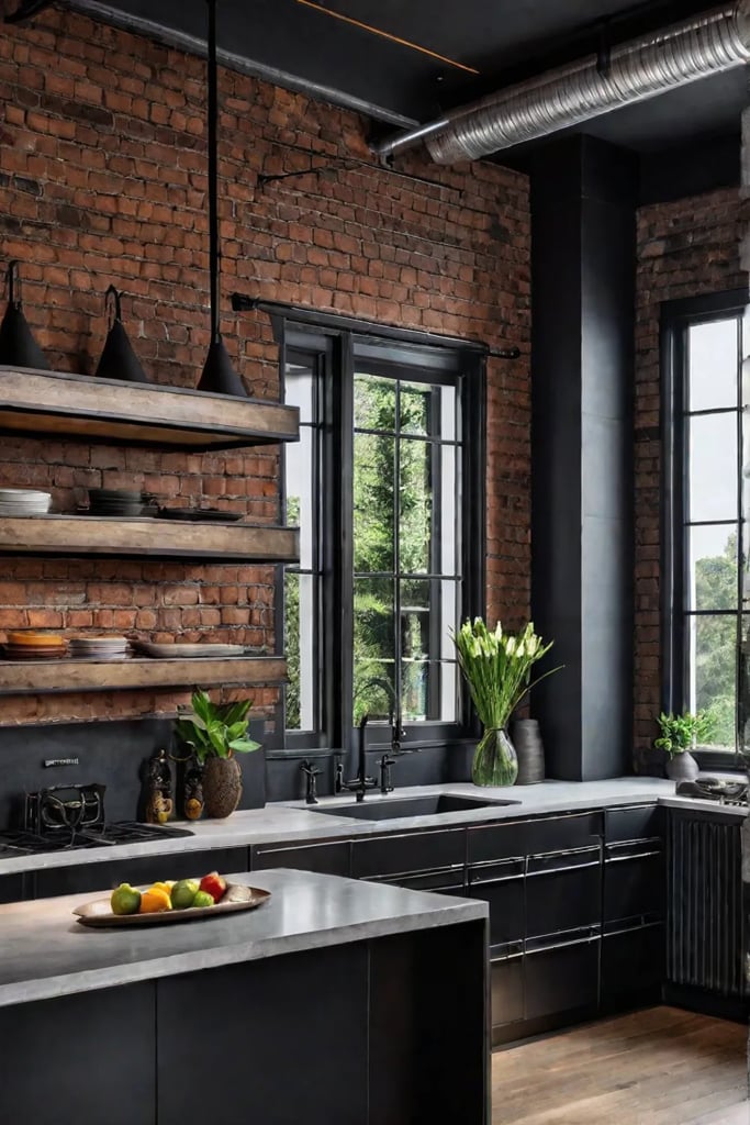 Industrial kitchen with concrete backsplash