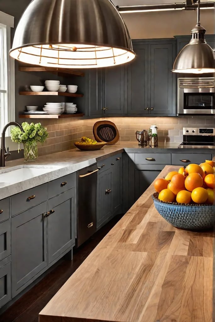 Kitchen island with butcher block countertop and metal pendant lights