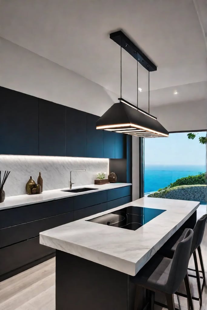 Kitchen island with focused task lighting over cooktop