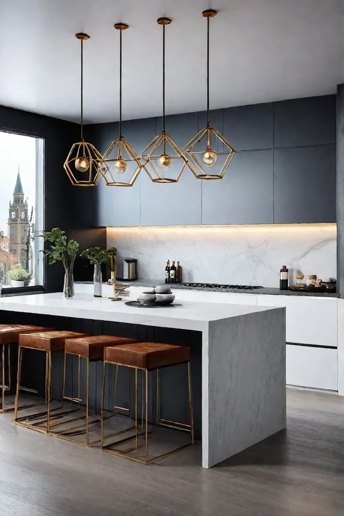 Kitchen island with geometric pendant lights