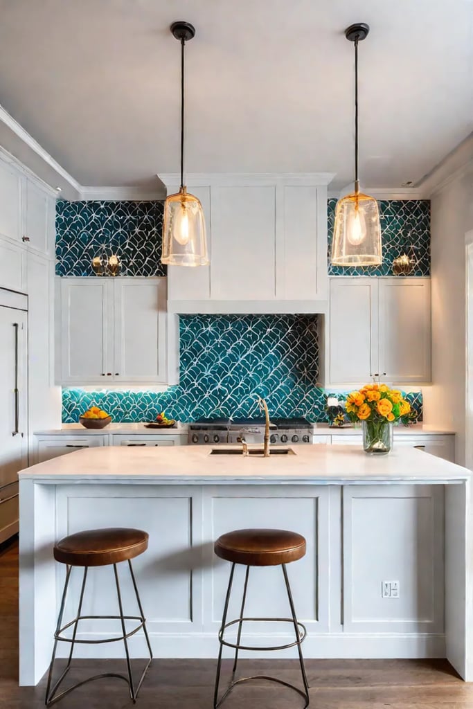 Kitchen with colorful backsplash and modern appliances
