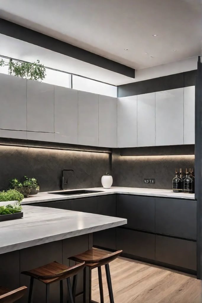 Kitchen with track lighting highlighting the backsplash and cabinets