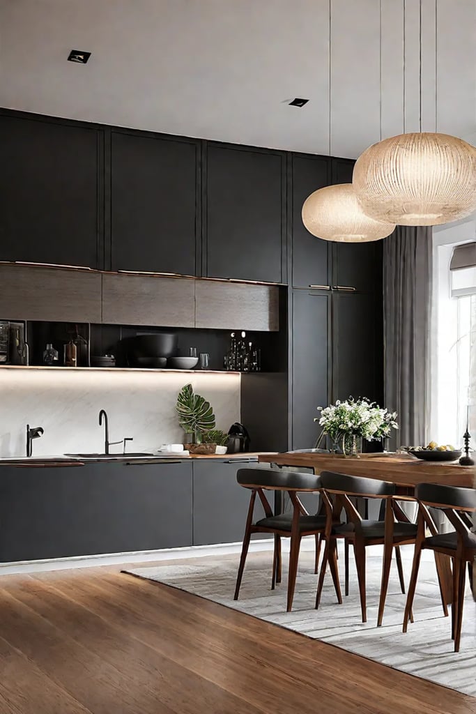 Kitchen with warm wood tones and soft lighting
