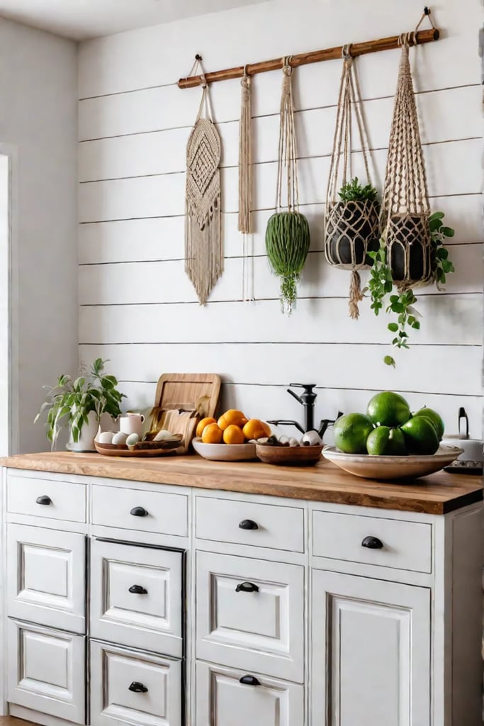 Macrame wall hanging in a bohemian kitchen