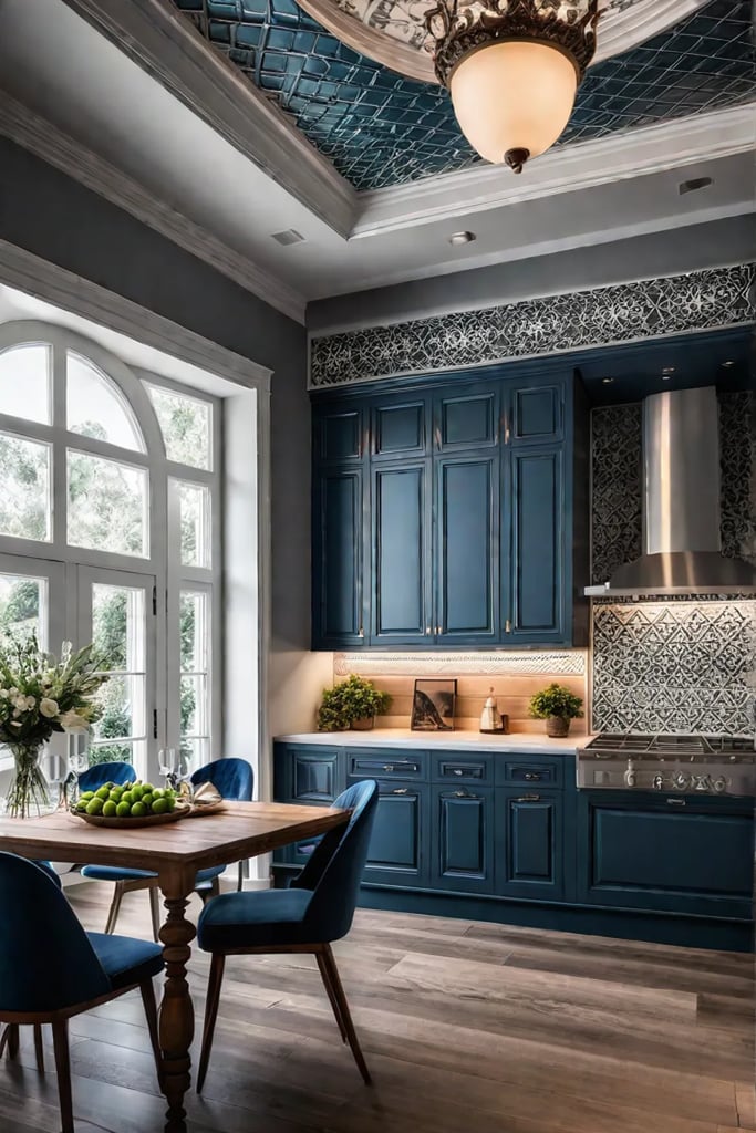 Mediterranean kitchen with extended tile design