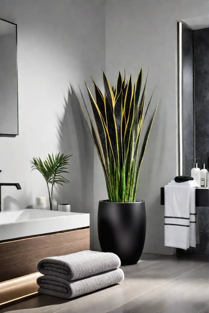 Minimalist bathroom with snake plant