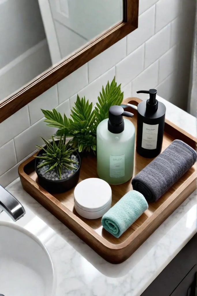 Minimalist bathroom with topdown view of countertop
