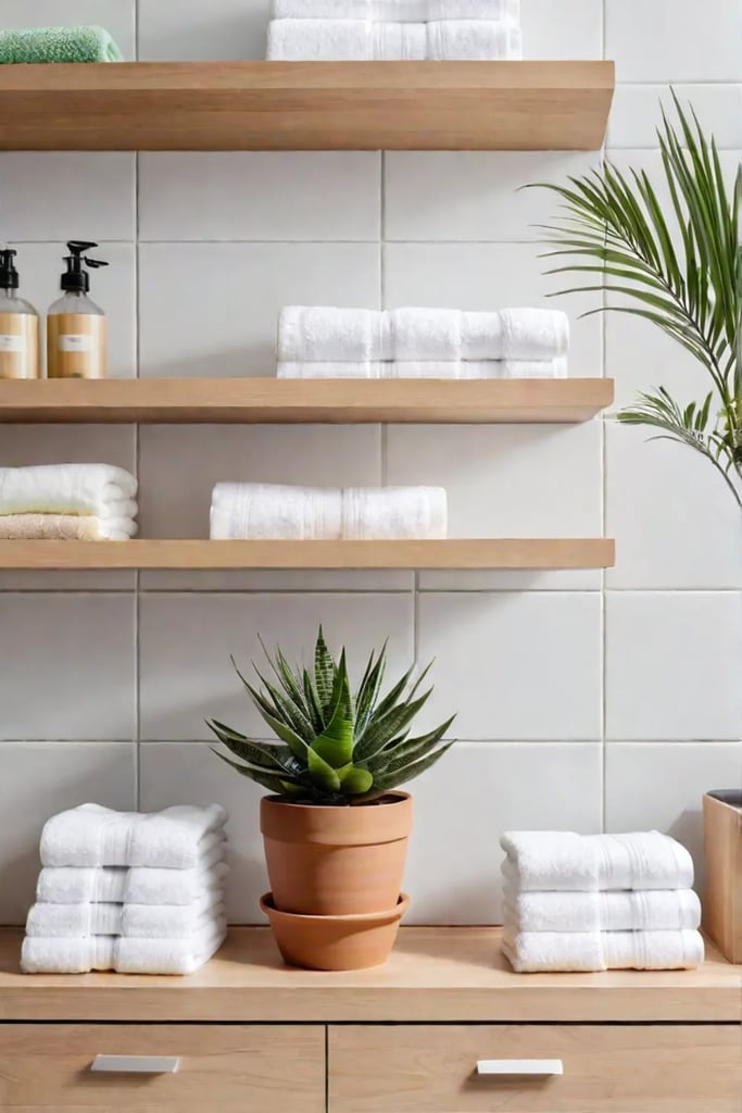 Minimalist bathroom with white tiled wall and plants