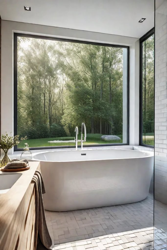 Minimalist bathroom with white tiles and large window