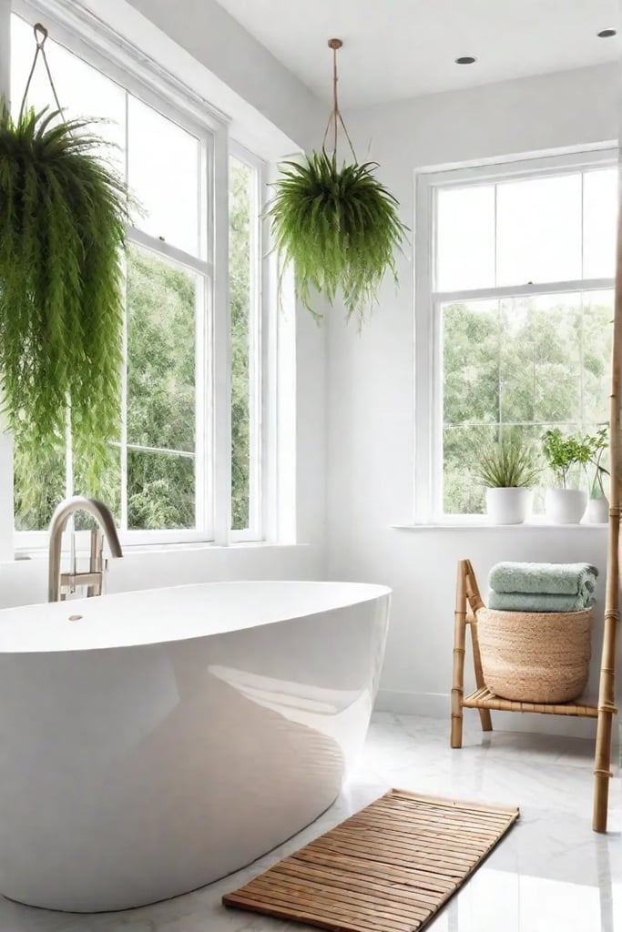 Minimalist bathroom with white walls and freestanding bathtub