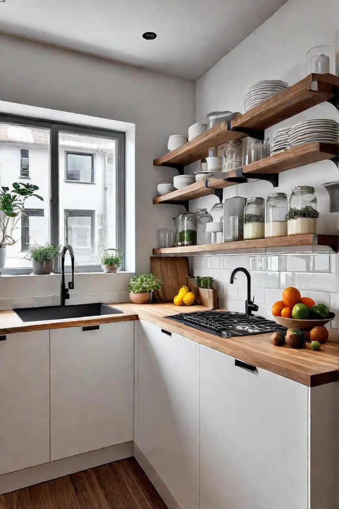Minimalist kitchen small space white cabinets butcher block