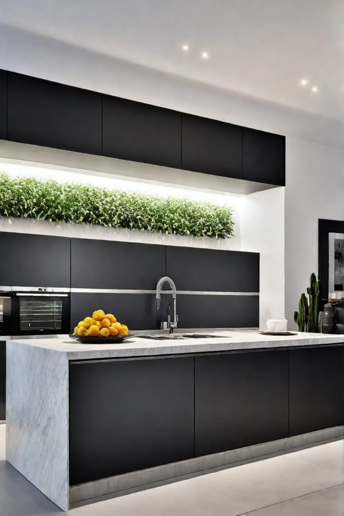 Minimalist kitchen with handleless upper cabinets