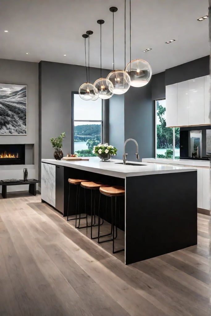 Minimalist kitchen with pendant and track lighting