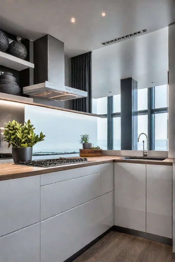 Mirrored glass backsplash reflecting artwork