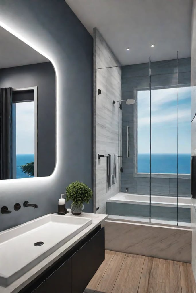 Modern coastal bathroom with driftwood accents