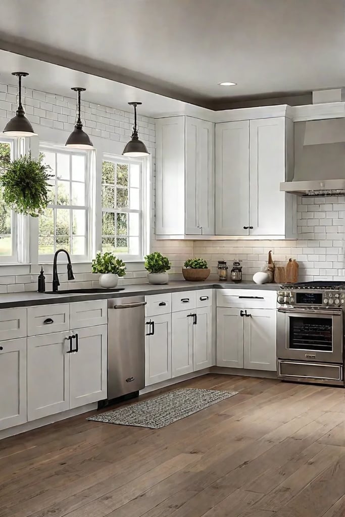 Modern farmhouse kitchen with recessed lighting