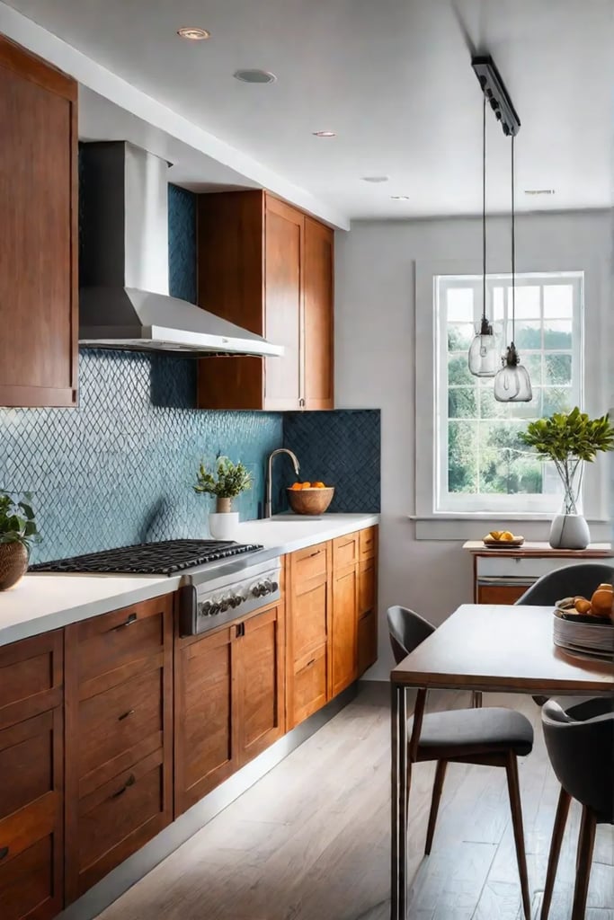 Modern kitchen with track lighting highlighting the backsplash