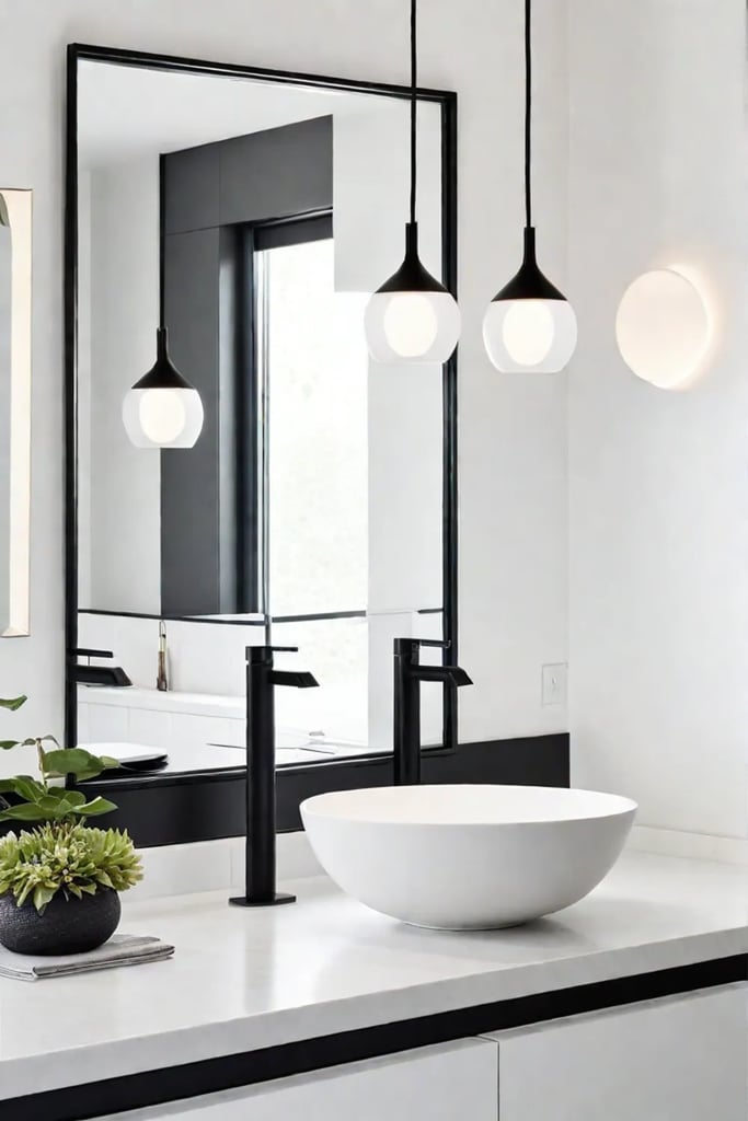 Natural light and sheer curtains contribute to a bright and airy minimalist bathroom