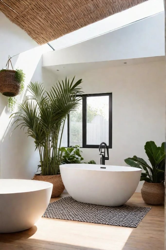 Natural light fills an open and airy bathroom with white walls