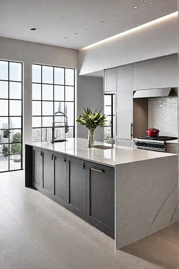 Neutral quartz countertop in a modern kitchen setting