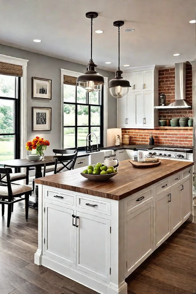Openconcept kitchen with butcher block island and brick backsplash