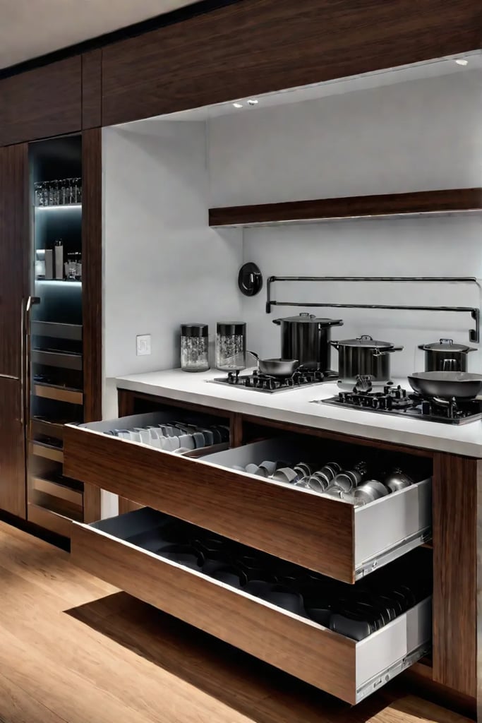 Organized kitchen drawers with clear containers and labels