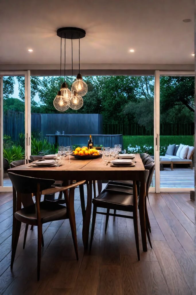 Patio with solarpowered string lights and a dining area