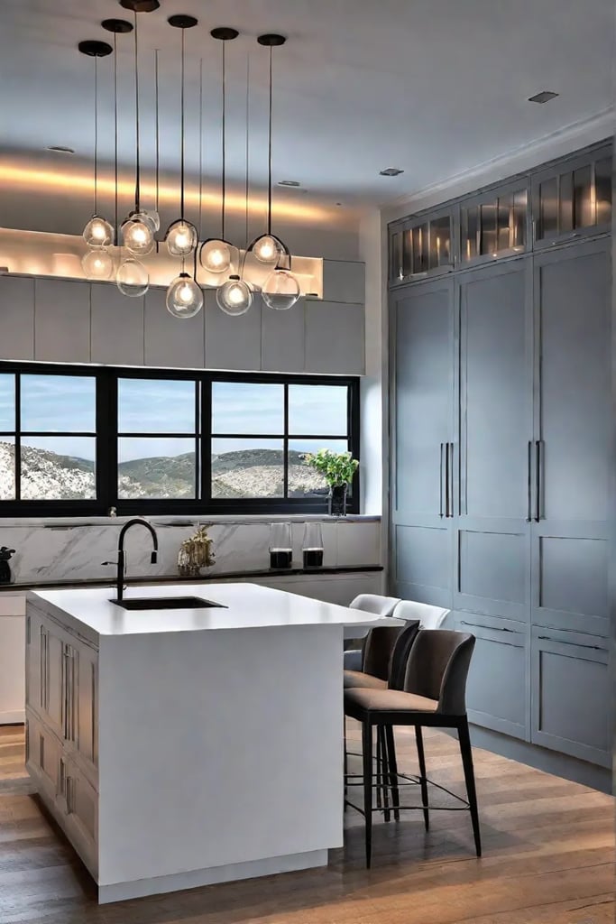 Pendant lights recessed lighting and undercabinet LEDs in a kitchen design