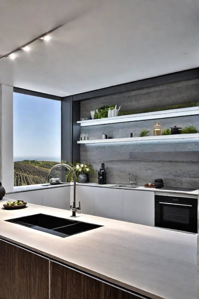 Polished stone backsplash reflecting undercabinet lighting