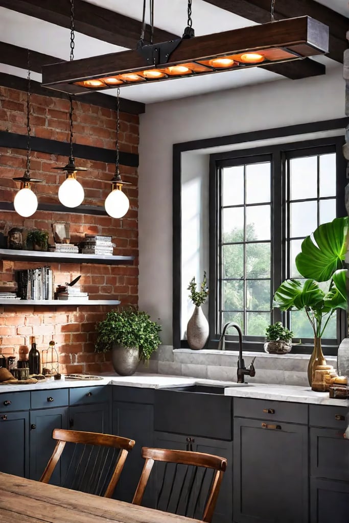 Rustic kitchen with solarpowered pendant lights and exposed beams