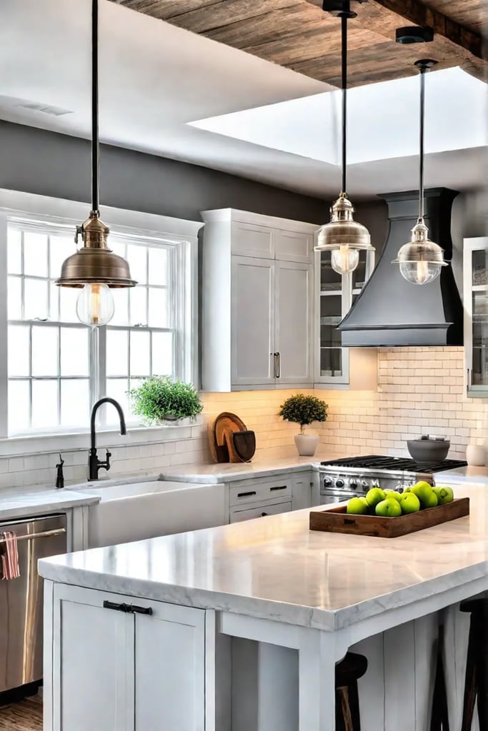 Rustic kitchen with white shaker cabinets and undercabinet lighting