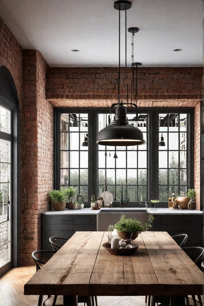 Rustic kitchen with wooden dining table and undercabinet lighting