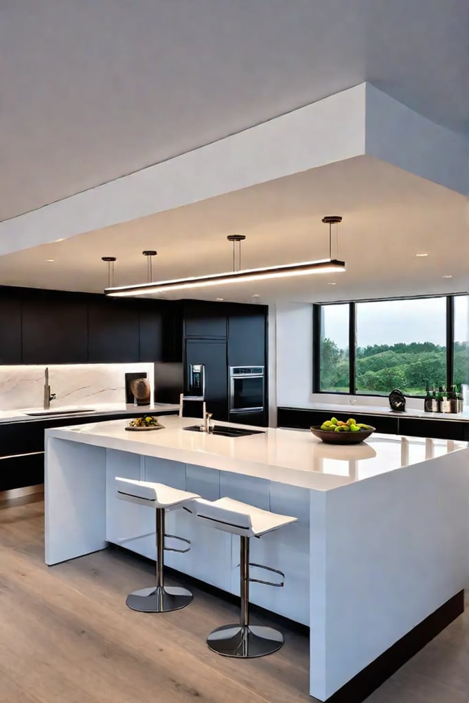 Sleek kitchen illuminated by hidden light sources
