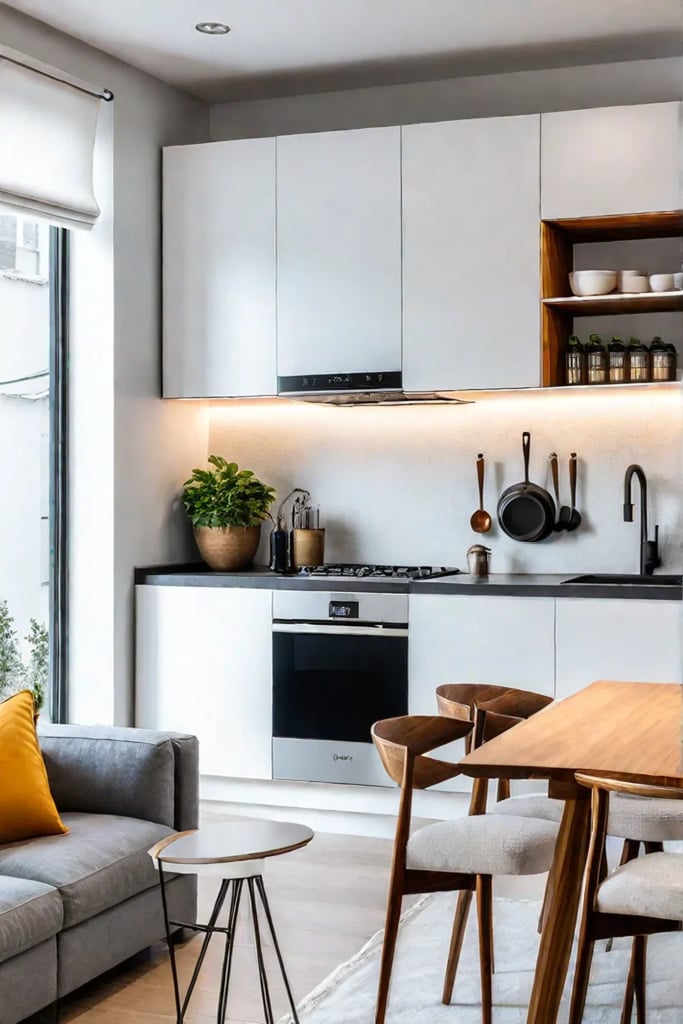 Small kitchen design with white color scheme and open shelving