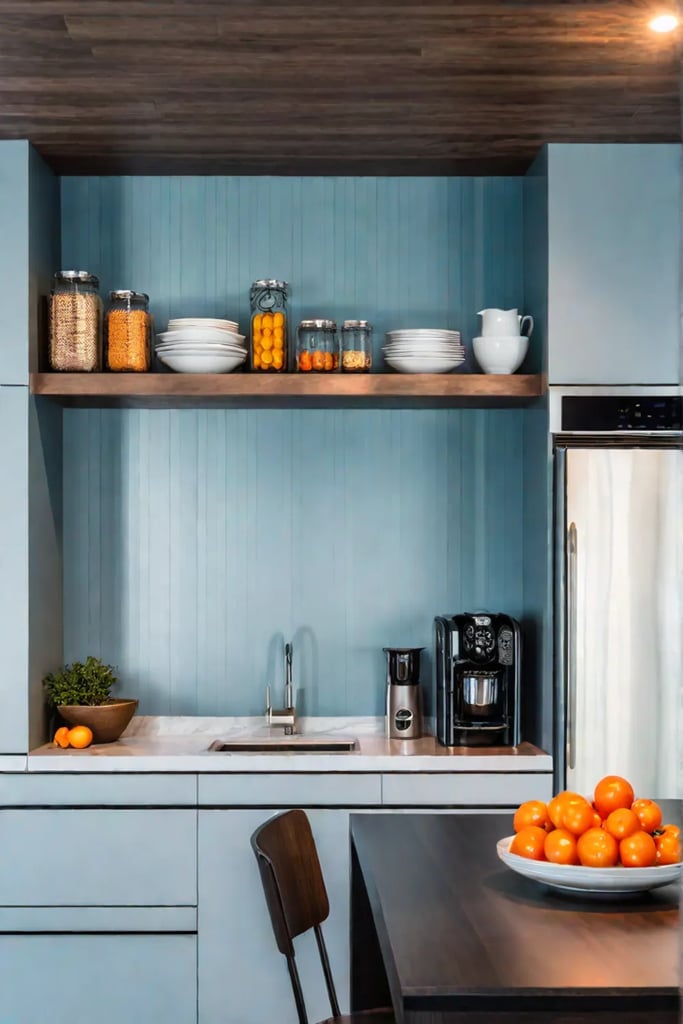 Small kitchen with open shelving and vertical cabinets