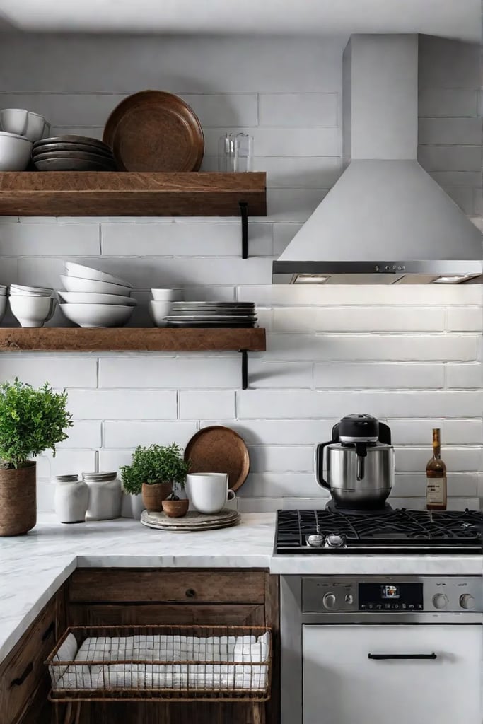 Small white kitchen with open shelving