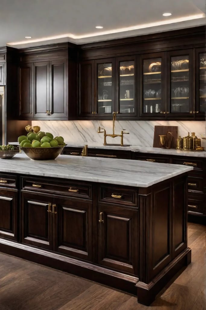 Sophisticated kitchen with walnut wood cabinets and marble countertops