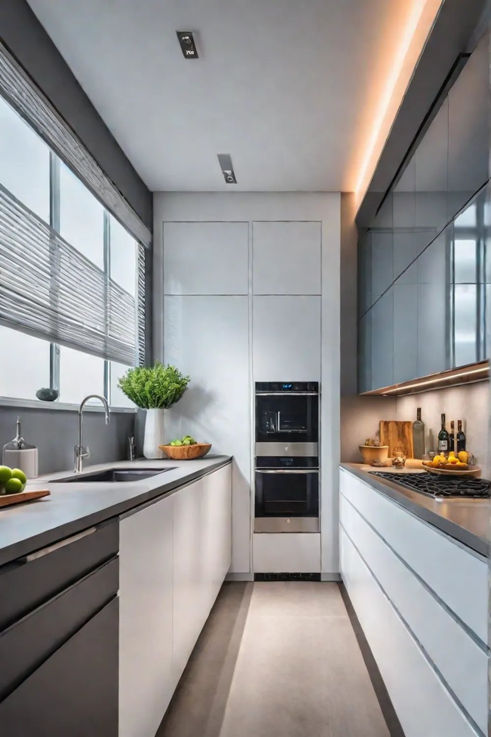 Spacesaving kitchen with rolling island and undercabinet lighting