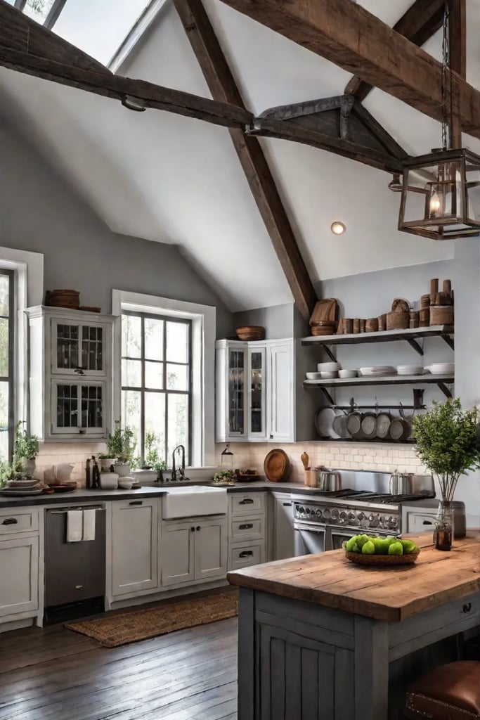 Spacious farmhouse kitchen with exposed beams