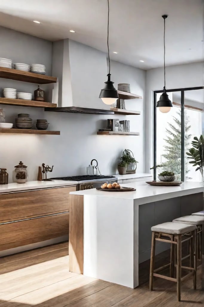 Spacious kitchen with island and open shelving