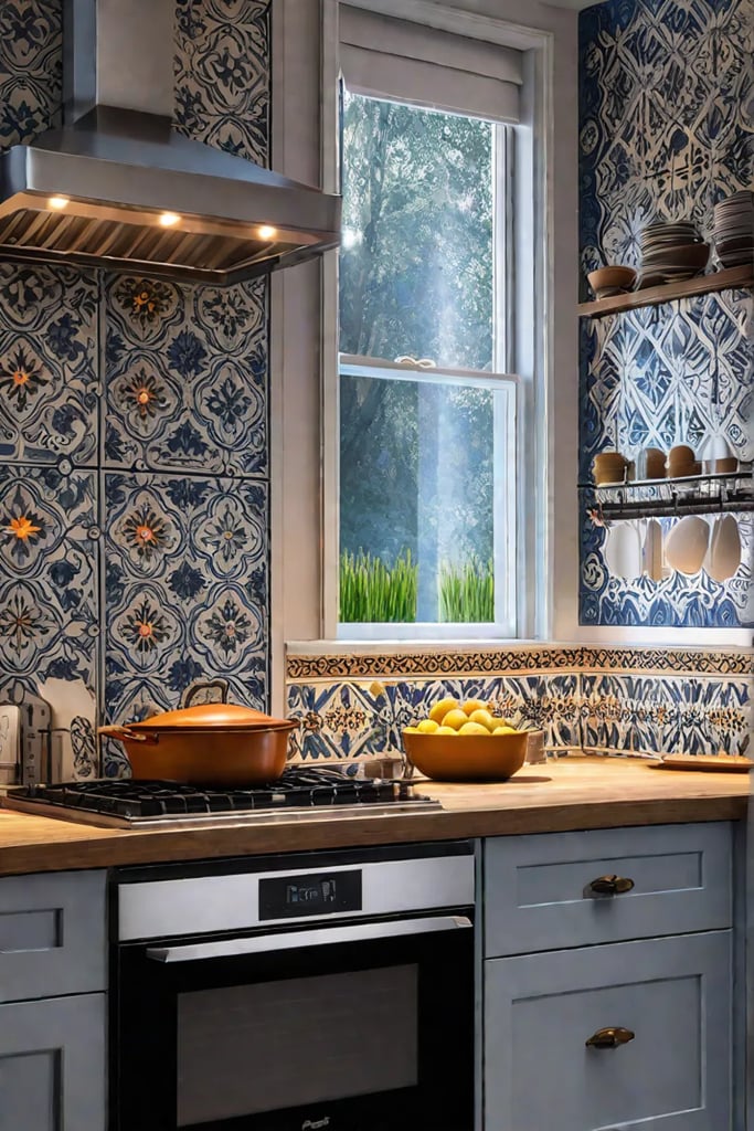 Stenciled tile backsplash