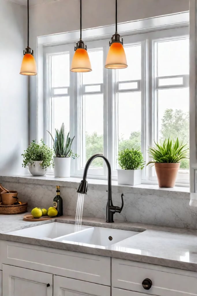 Sunlit kitchen with solarpowered pendant light and white cabinets