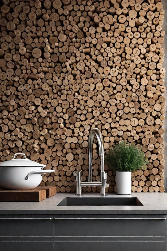 Textured backsplash cork mosaic kitchen detail