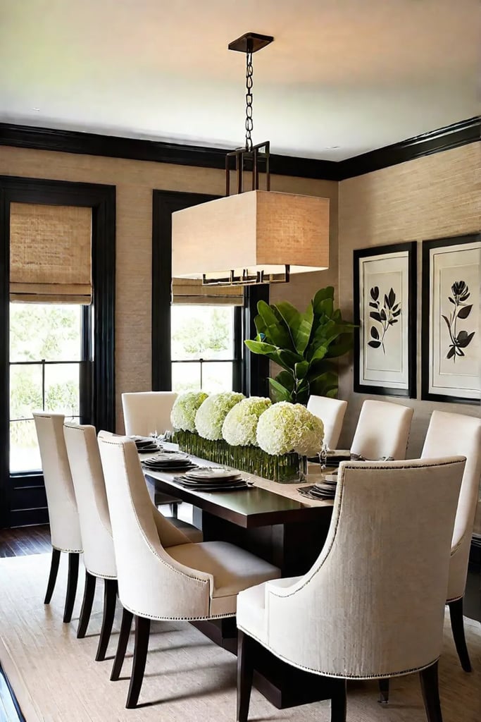 Textured grasscloth wallpaper statement wall in beige dining room