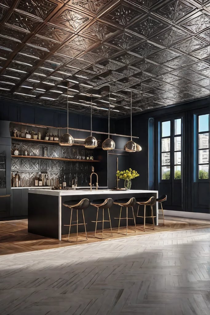 Tin ceiling tile backsplash vintage kitchen ornate design